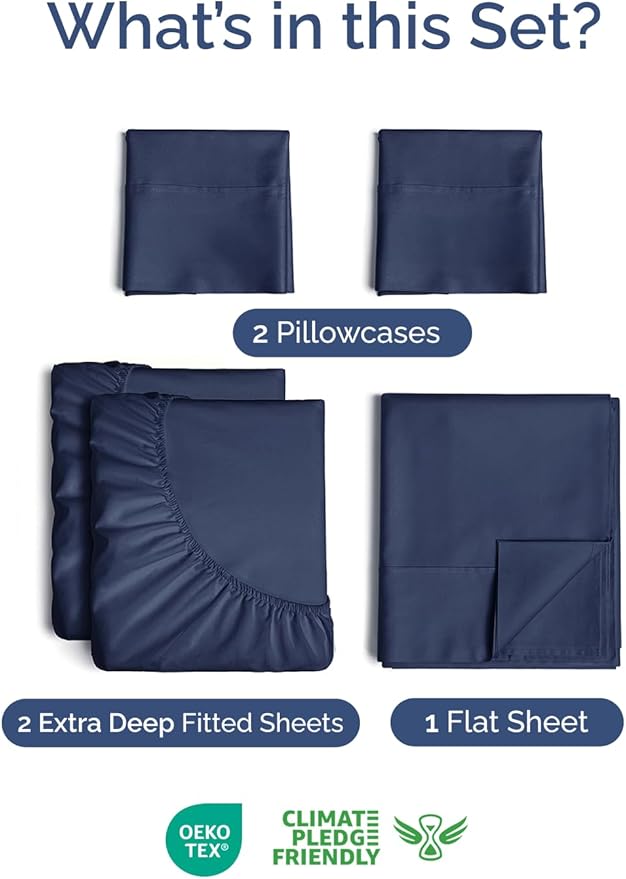 Extra Deep Pocket Split King Sheets - 5 Piece Breathable & Cooling Bed Sheets - Hotel Luxury Bed Sheet Set - Soft, Wrinkle Free & Comfy - Easily Fits Extra Deep Mattresses - Navy Blue Sheets Set