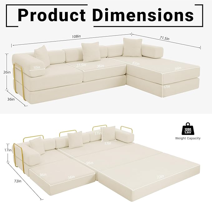 108" Oversized Convertible Sleeper Sofa Bed, Corduroy L Shape Sectional Couch, Folding Sofa Bed with Fixed-Shape Frame, Modern Cloud Floor Mattress Couch, Modular Sofa for Living Room, Beige