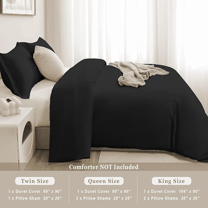 100-Percent Cotton Duvet Cover Set, Hidden Zipper Closure, Ultra Soft, Easy Care and Durable, Simple Bedding Style, Queen, Black (Comforter Not Included)