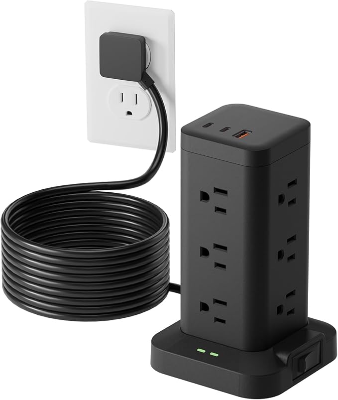 15-in-1 Power Strip Tower with Surge Protector 1800J, Fast Charging Tower PD20W USB-C Ports with 12 AC Outlets, 15ft Extension Cord for Home Office Dorm Room, Black