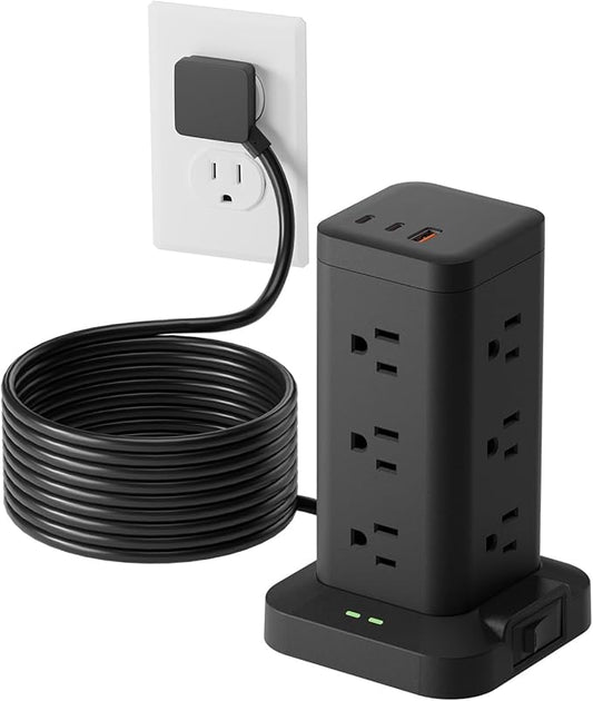 15-in-1 Power Strip Tower with Surge Protector 1800J, Fast Charging Tower PD20W USB-C Ports with 12 AC Outlets, 15ft Extension Cord for Home Office Dorm Room, Black