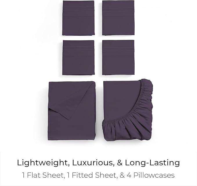 Mellanni California King Sheet Set - 6-Piece Iconic Collection Bedding, (Including 4 Pillowcases), 16-Inch Deep Pocket, Easy Care, Extra Soft, Cooling Sheets, Brushed Microfiber - Purple