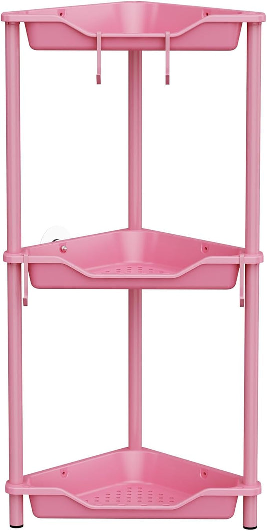 Orimade Rustproof 3 Tier Floor Standing Corner Shower Caddy Organizer, Plastic Metal Splicing Floor Corner Shelf Rack Stands for Bathroom, Pink