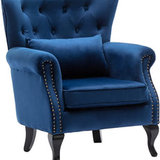 Set of 2 Mid-Century Modern Accent Chair, Velvet Armchair w/Tufted Back/Wood Legs, Upholstered Lounge Arm Chair Single Sofa for Living Room Bedroom, Blue