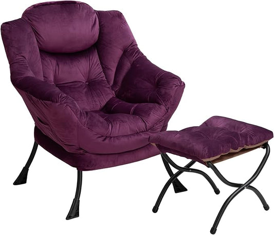 HollyHOME Lazy Chair with Foldable Ottoman, Accent Comfy Lounge Armchair and Folding Footrest Stool, Leisure Sofa Reading Chair and Footstool for Living Room, Bedroom, Dorm,Velvet Purple