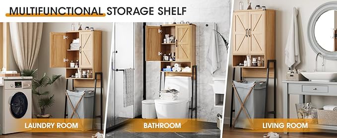 Over The Toilet Storage Cabinet with 2-Door Design Bathroom Organizers and Storage with Anti-Tip Device Over Toilet Organizer with Shelves for Bathroom,Restroom,Laundry Natural