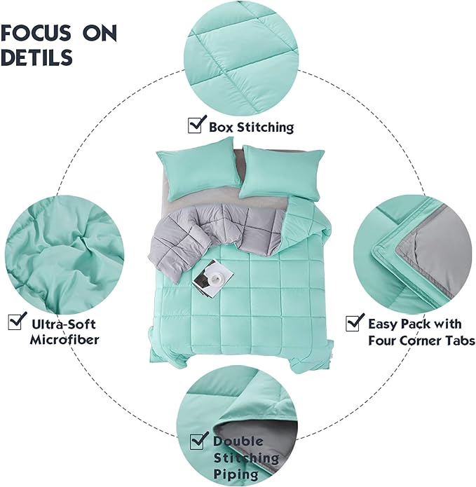 HIG Reversible Lightweight Comforter - All Season Down Alternative Summer Duvet Insert Blue Quilted Bedding Comforters with Corner Tabs Full/Queen Size Aqua Blue/Light Grey