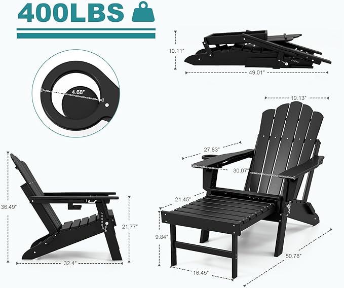FOOWIN Adjustable Adirondack Chair with Retractable Ottoman, Folding Adirondack Chair with Cup Holder, HDPE All-Weather Fire Pit Chair for Patio, Yard, Poolside, Black