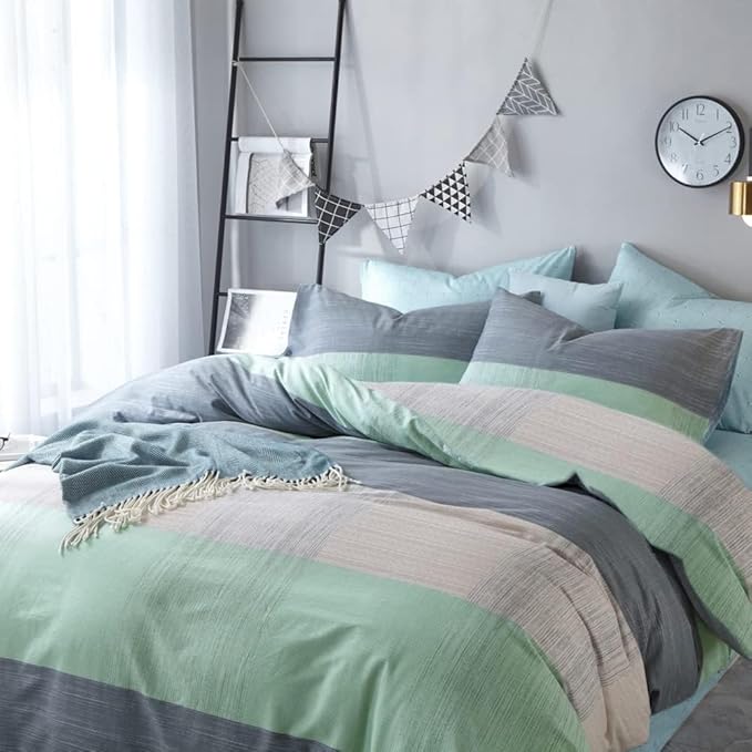 VM VOUGEMARKET Blue Patchwork Duvet Cover Set Queen Multi-Dimensional Design Modern Bedding Set Plaid Mint Green with Stripes Soft Cotton Comforter Cover with Zipper Closure-No Filling