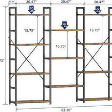 NUMENN Triple Wide 4 Tier Bookshelf, Adjustable Rustic Industrial Style Bookcases with 11 Open Display Shelves, Modern Tall Bookcase Furniture for Bedroom, Living Room and Home Office, Vintage