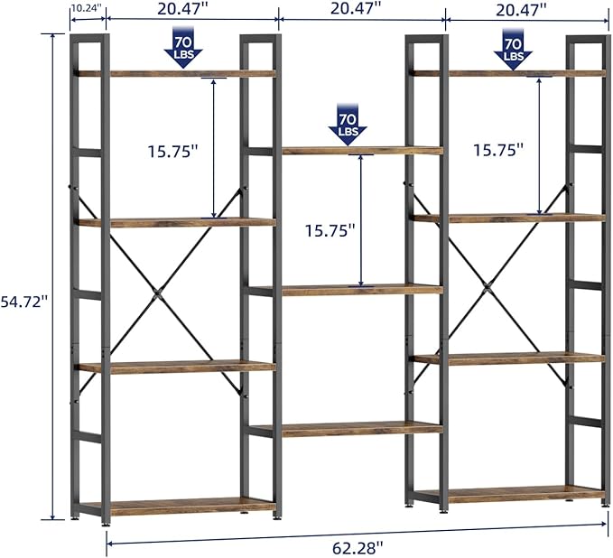 NUMENN Triple Wide 4 Tier Bookshelf, Adjustable Rustic Industrial Style Bookcases with 11 Open Display Shelves, Modern Tall Bookcase Furniture for Bedroom, Living Room and Home Office, Vintage