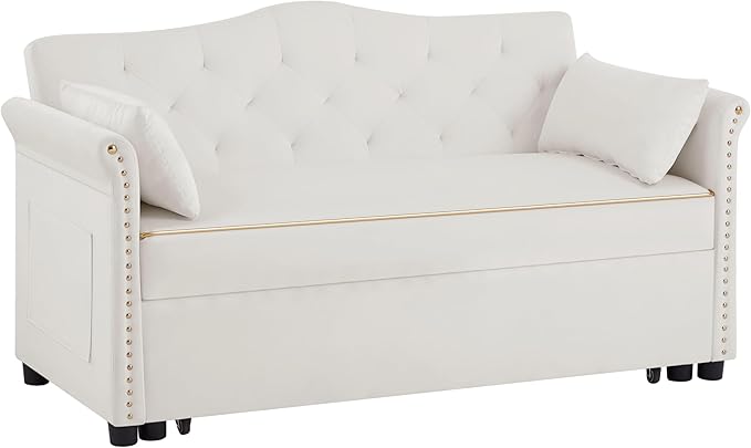 57" Velvet Pull-Out Sofa Bed, 3-in-1 Convertible Loveseat with Gold Trim Strips and Adjustable Backrest, Perfect for Living Rooms, Offices and Apartments (Beige)