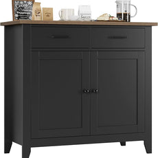 HORSTORS Kitchen Storage Cabinet, Modern Farmhouse Buffet Cabinet with Storage, Coffee Bar with 2 Drawers and 2 Doors, Floor Sideboard Buffet for Living Room, Dining Room, Bathroom, Black/Rustic Brown