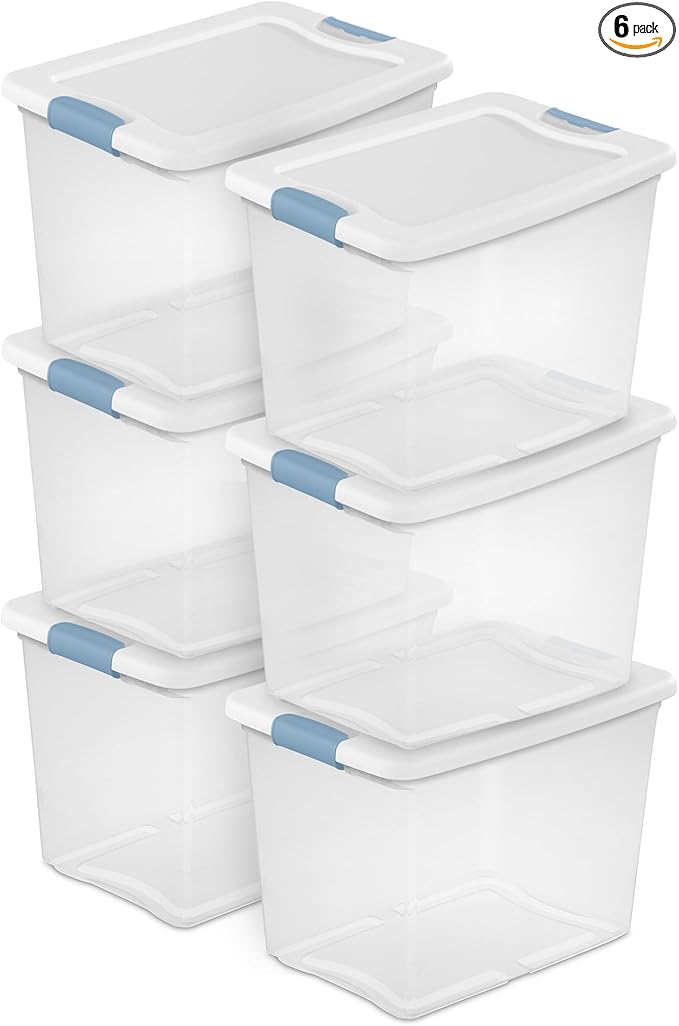 Sterilite 6-Pack Latching Box, Under Bed Storage Bins with Lids, Clear Plastic, 25 Quart - Heavy-Duty Organizing Containers for Closet, Bathroom, and Office