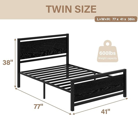 Twin Bed Frames with Headboard, Industrial Style Twin Bed Frame, Twin Size Bed Frames with Wooden Footboard, No Box Spring Needed, Noise-Free, Easy Assembly, Black