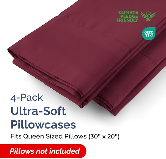 Queen Pillow Cases - 4 Pack - Super Soft Pillowcase Covers - Envelope Enclosure - Hotel Quality Pillow Protectors - Wrinkle Free, Shrink and Stain Resistant - Machine Washable - 20" x 30" (Burgundy)
