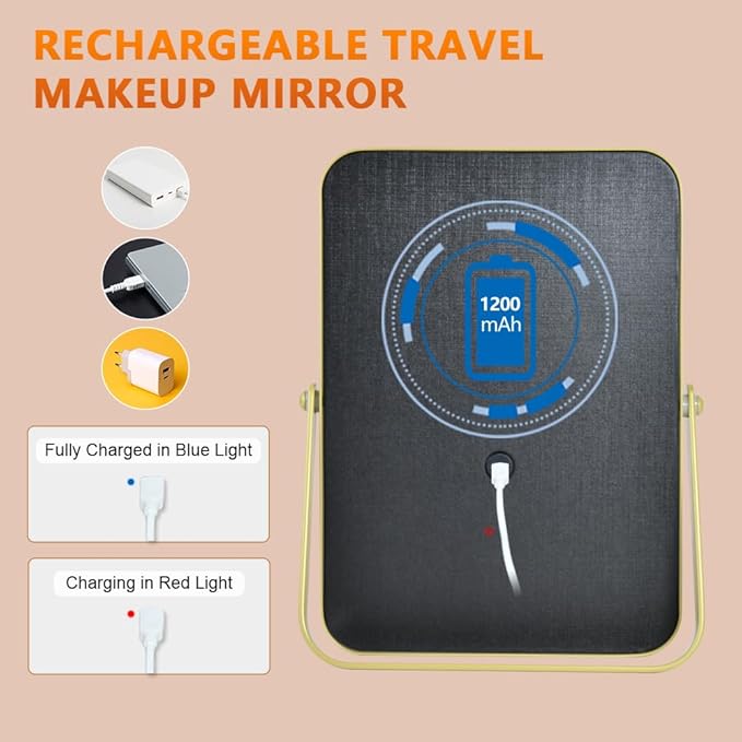 Gold Rechargeable Makeup Mirror with Lights, LED Vanity Mirror, 3 Color Modes, Portable Desktop Mirror, Adjustable Brightness, Ideal for Dorm and Home Use