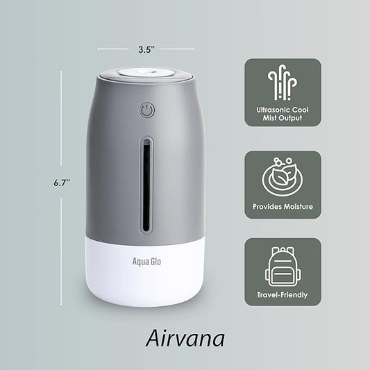 Aqua Glo Personal, Portable Humidifiers for Bedroom – Ultrasonic Cool Mist Humidifier with Built In Rechargeable Battery. Air Humidifier for Baby, Plants, Home, Office, Travel. Gray
