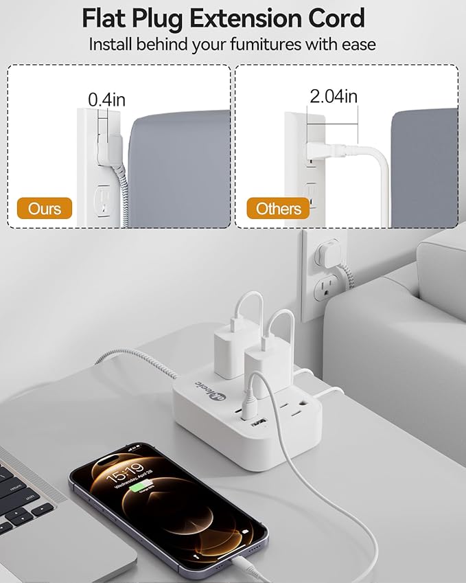 Flat Plug Power Strip with USB Ports, Flat Extension Cord 3FT with 3 AC Outlets 3 USB Ports, Short Extension Cord Outlet Splitter with No Surge Protector for Cruise Ship, Dorm Room Travel Essentials