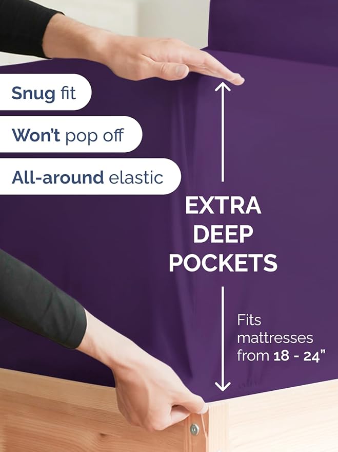 Extra Deep Pocket Cal King Sheets - 4 Piece Breathable & Cooling Bed Sheets - Hotel Luxury Bed Sheet Set - Soft, Wrinkle Free & Comfy - Easily Fits Extra Deep Mattresses - Deep Pocket Purple Sheets