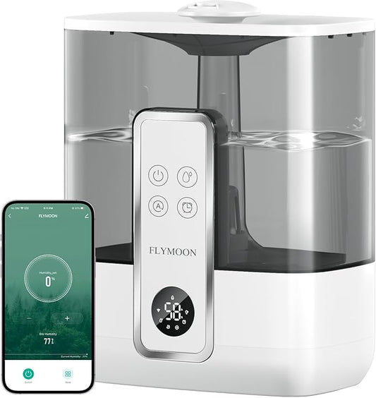 Flymoon 5L Quiet Mist Humidifier for Bedroom Large Room, Air Humidifier for Baby & Plants, Top Fill, 28dB, 3 Mist Levels, 12H Timer, App Control, White