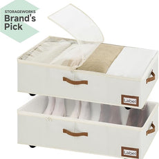 StorageWorks Under Bed Storage with Wheels, 10'' Underbed Storage Containers with Lid, 90L Clothes Organizer for Blankets, Sweaters, Bedding, 2-Pack, Beige