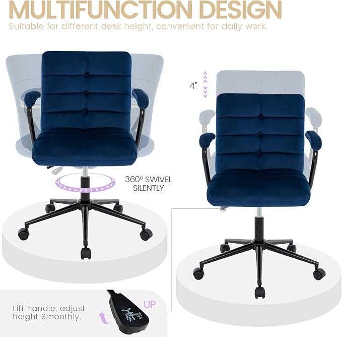 Velvet Home Office Desk Chair, Upholstered Adjustable Swivel Task Chair with Wheels, Tufted Mid-Back Computer Chair with Arms, for Study Living Room Vanity (Blue, Black Base)