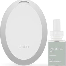 Pura Mini Smart Fragrance Diffuser for Small Spaces Adjustable Smart Home Device with LED Light & Automatic Vial Detection - Includes 1 Scent Refill; White Tea no.1