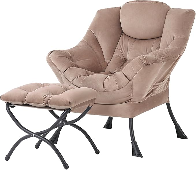 Tiita Lazy Chair with Ottoman, Modern Large Accent Lounge Armchair, Comfy Leisure Sofa Reading Chair with Footrest for Bedroom, Living Room, Dorm Rooms, Garden and Courtyard, Velvet Khaki