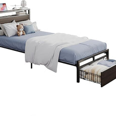 LIKIMIO Twin XL Bed Frames with Drawer, Storage Headboard with Outlets, No Box Spring Needed, Easy Assembly, Dark Brown