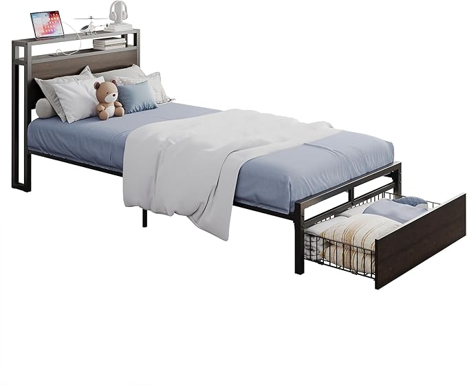 LIKIMIO Twin XL Bed Frames with Drawer, Storage Headboard with Outlets, No Box Spring Needed, Easy Assembly, Dark Brown