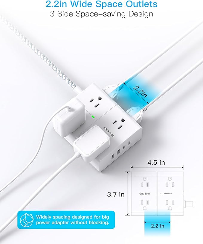10Ft Extension Cord with Multiple Outlets, Flat Plug Power Strip Surge Protector 10 Ft Long Cord, 8 Outlet 4 USB Ports (2 USB C), Multi Outlet Wall Plug for Office, College, Dorm Room Essentials
