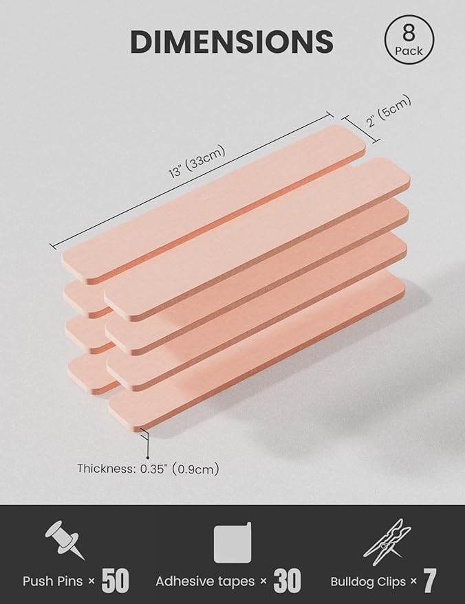 Cork Board Alternative Felt Strip Board 8-Pack 13"x2", Office Pin Board with 50 Push Pins, Adhesive Install for Bedroom Door & Home Office(Pink)