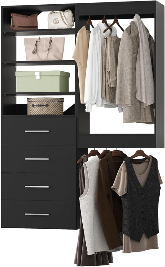 Modular Closet System, 55" Wide Organizer With Tower and Drawers, Wood Storage for Walk In Closets, Wall Mounted Wardrobe Kit, Bedroom, Black