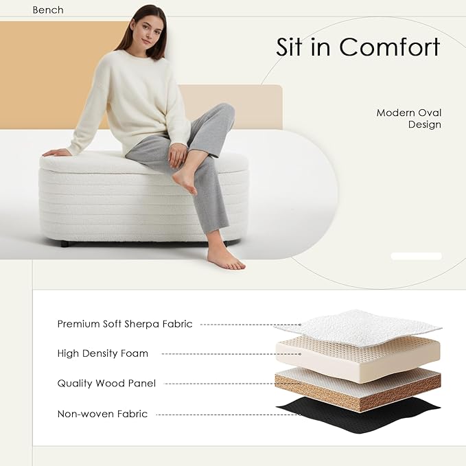 Storage Teddy Ottoman Bench Upholstered Fabric Storage Bench End of Bed Stool with Safety Hinge for Bedroom, Living Room, Entryway, Closet(44.5", White)