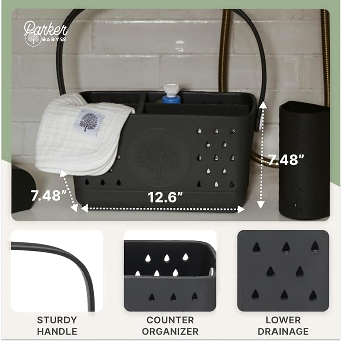 Parker Baby Large Bath Caddy | BPA Free & Food Grade Shower Caddy Organizer for Toys & Supplies | Quick-Dry, Sturdy & Perfect Size Shower Basket w/ Handle in Neutral Colors