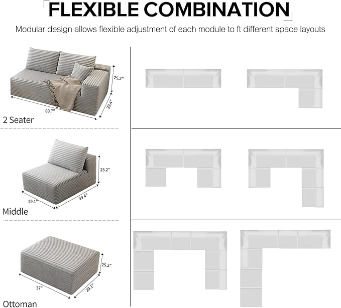 168.5" Modular Sectional Sofa, Oversized U-Shaped Minimalist Couches with 1 Middle Seat and 2 Ottomans Chaise, Modern Deep Seat Convertible Sleeper Sofa, Cloud Plush Corduroy Fabric,7 Seater, Grey