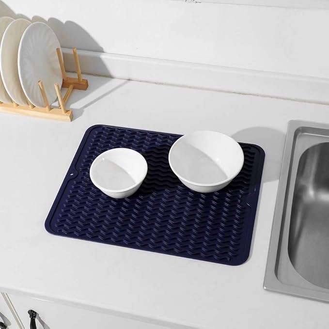 Silicone Dish Drying Mat for Multiple Usage,Easy clean,Eco-friendly,Heat-resistant Silicone Mat for Kitchen Counter or Sink,Refrigerator or drawer liner Navy Blue L 16 inches x 12 inches