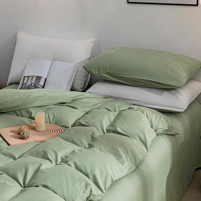 JELLYMONI Light Green Duvet Cover Twin Size - 100% Washed Cotton Linen Feel Textured Comforter Cover, 2 Pieces Breathable Soft Bedding Set with Zipper Closure (Light Green, Twin 68"x90")