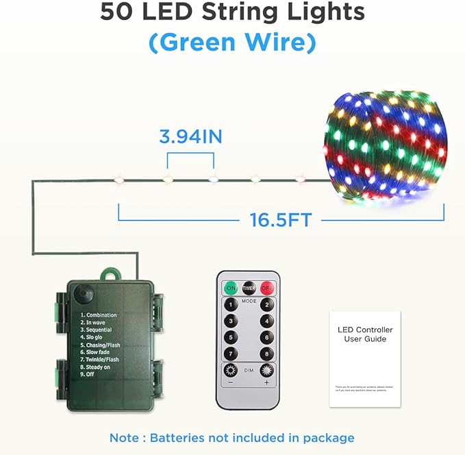 Battery Operated String Lights (2 Pack), 16.5ft 50 LED Fairy String Lights Battery Powered with Remote & Timer for Indoor Outdoor Christmas Trees Wreath Decoration Bedroom Patio - Multicolor