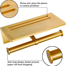 Double Toilet Paper Holder with Shelf, Commercial Toilet Paper Roll Dispenser Wall Mount with Cell Phone Storage Rack, Aluminium Fits Mega Roll Dual Toilet Paper Tissue Holder Brushed Gold