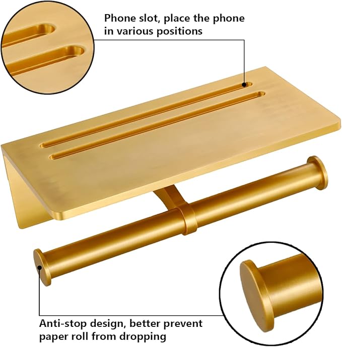 Double Toilet Paper Holder with Shelf, Commercial Toilet Paper Roll Dispenser Wall Mount with Cell Phone Storage Rack, Aluminium Fits Mega Roll Dual Toilet Paper Tissue Holder Brushed Gold