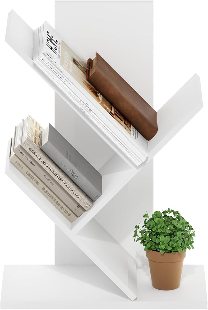 Furinno Tree Book Shelf, 3-Tier Bookshelf, Tree Bookcase for Room Decor, 8.4 x 15.7 x 21.3, for Living Room, Bedroom, Home Office, White