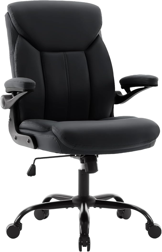 Office Chair, Ergonomic Computer Chair with Flip-up Arms Home Desk Chairs Comfy PU Leather Executive Mid Back Support Adjustable Height Tilt Lock Swivel Rolling Wheels, Black