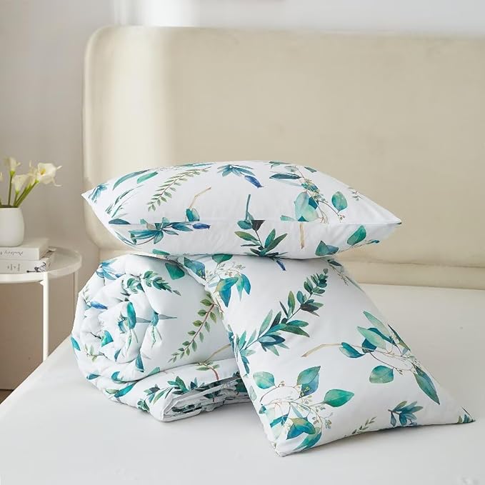 MKXI Rustic Floral Comforter Set White and Blue Full Size Botanical Bedding Comforters Branch Floral Duvet Lightweight Turquoise Leaves Pattern Aesthetic Bed Set 1 Comfortert + 2 Pillowcases