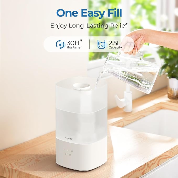 2.5L Humidifiers for Bedroom, Top Fill Cool Mist Humidifiers for Large Room, Easy to Fill & Clean, 30H Runtime, 28dB Quiet Air Humidifier for Plants, Baby Nursery with Night Light