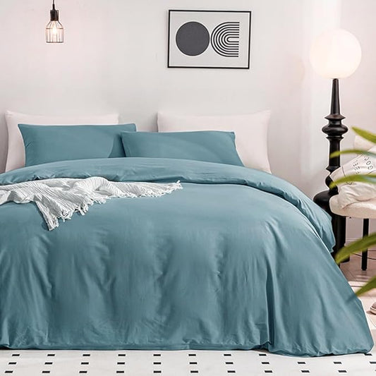 JELLYMONI Cotton Duvet Cover Full Size - 100% Washed Cotton Linen Like Textured Comforter Cover, 3 Pieces Breathable Soft Bedding Set with Zipper Closure (Grayish Blue, Full 80"x90")
