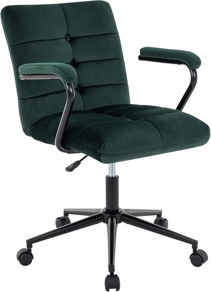 Velvet Home Office Desk Chair, Upholstered Adjustable Swivel Task Chair with Wheels, Tufted Mid-Back Computer Chair with Arms, for Study Living Room Vanity (Dark Green, Black Base)