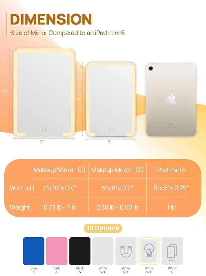 OMIRO Travel Makeup Mirror with Light, 10 x 7 inch Lighted Desk Mirror with Adjustable Stand and 3 Lighting Modes for Shaving and Travelling, White