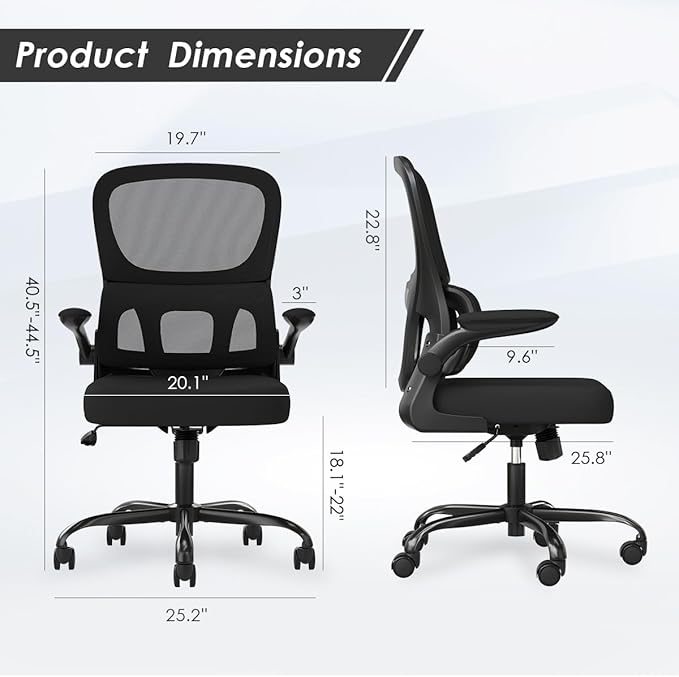 Soohow Office Chair, Mesh Ergonomic Office Chair with Lumbar Support, Comfy Swivel Computer Desk Chair with Flip Armrest Rolling Wheels for Home Study Room Office, Black & Black